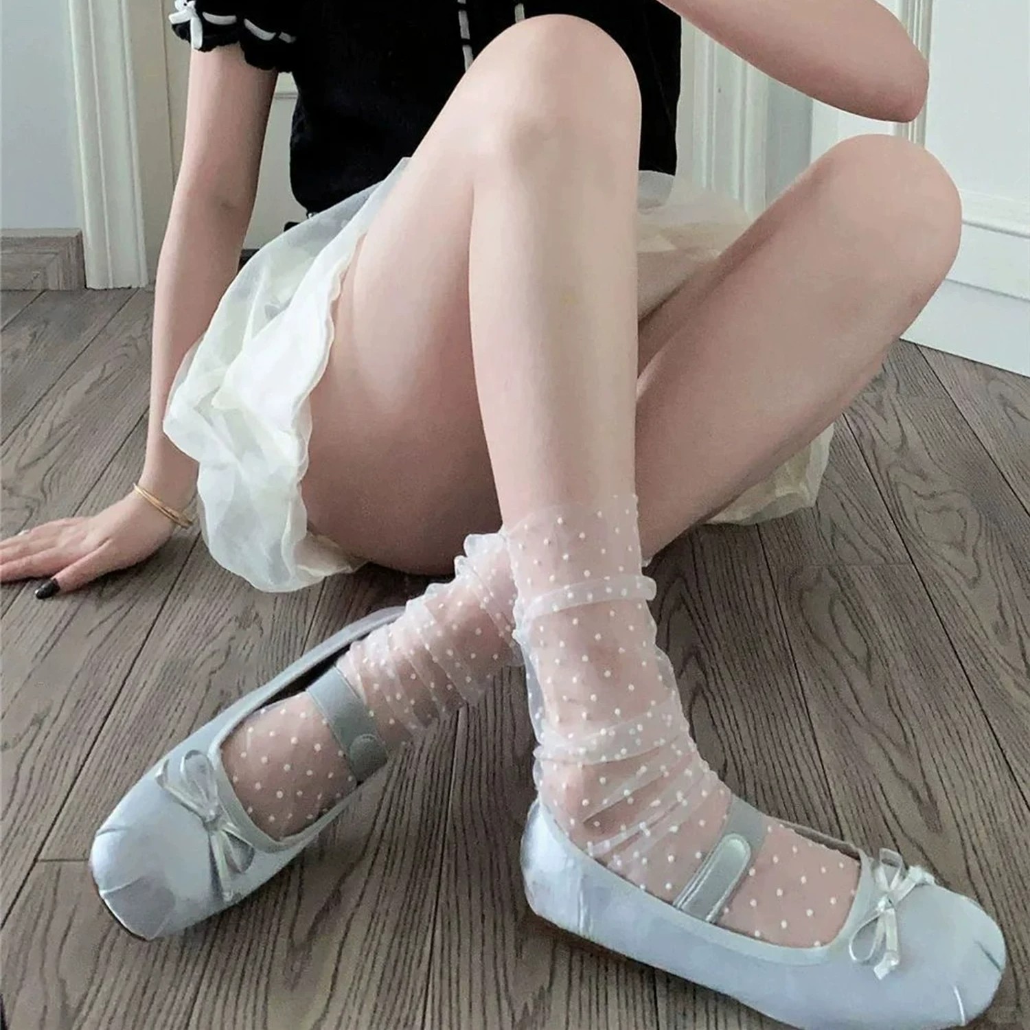 春夏冰丝网纱透明波点堆堆短袜