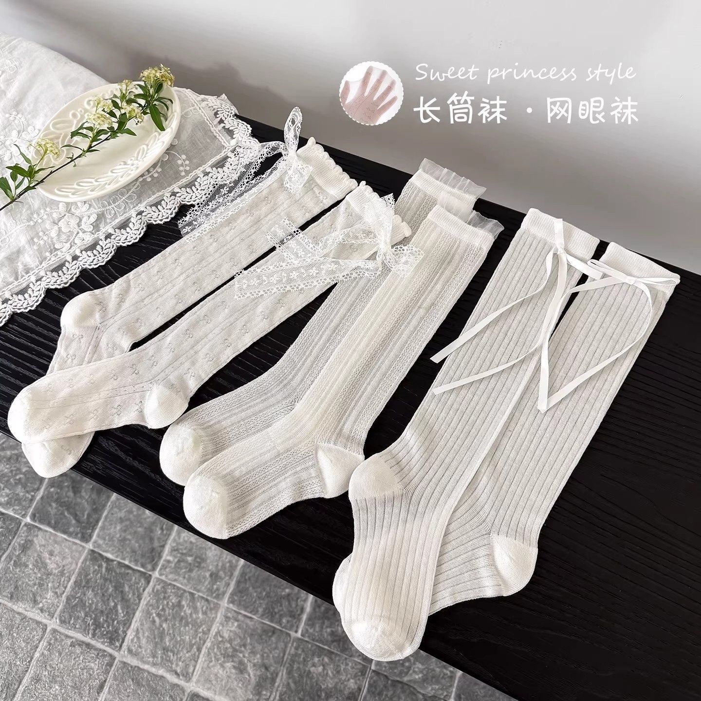 女童夏季薄款蝴蝶结网眼长筒袜