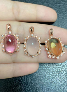 天然粉水晶吊坠女 925纯银粉红托帕石复古宝石吊坠项链可调节