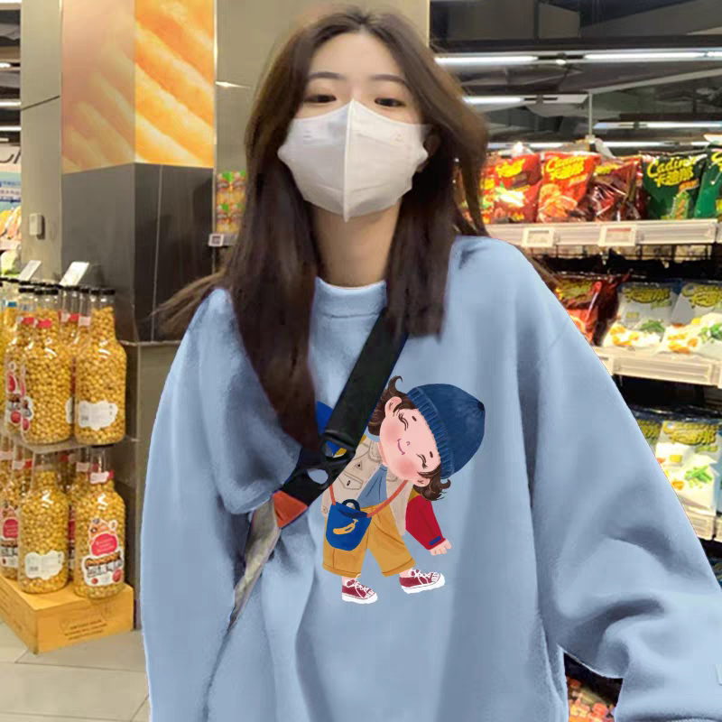 雾霾蓝圆领卫衣女秋冬2025新款爆款欧货大版加绒加厚外套宽松上衣