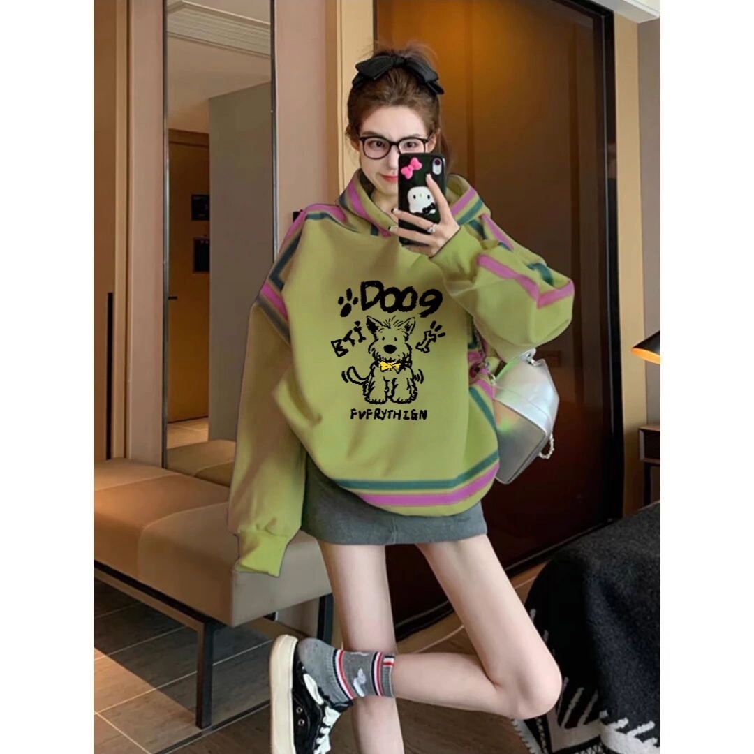 欧货黄绿色印花宽松显瘦大版秋冬新款卫衣女百搭休闲连帽套头衫