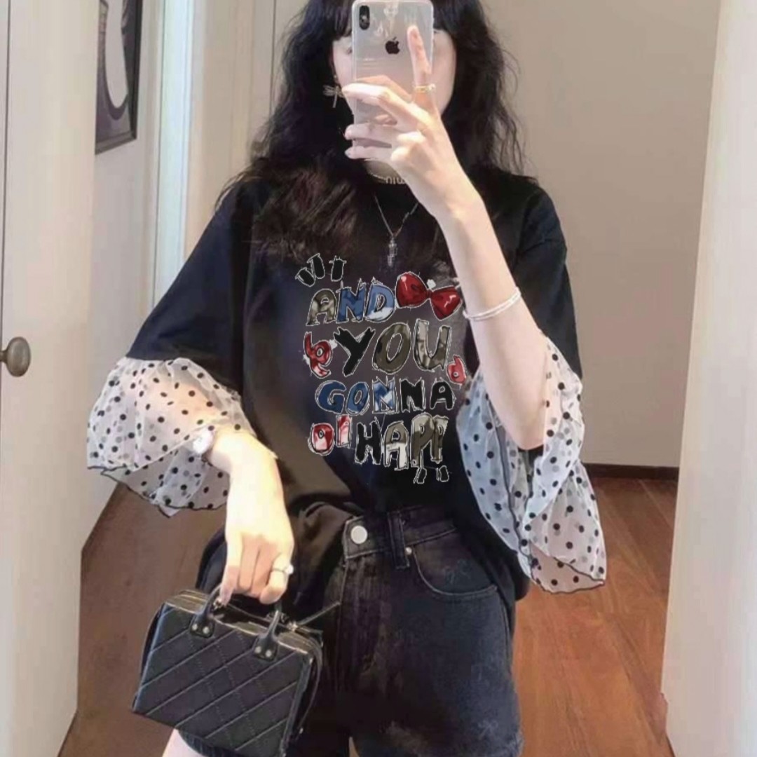 黑色波点网纱拼接T恤女2026夏季新款欧货宽松显瘦洋气百搭上衣