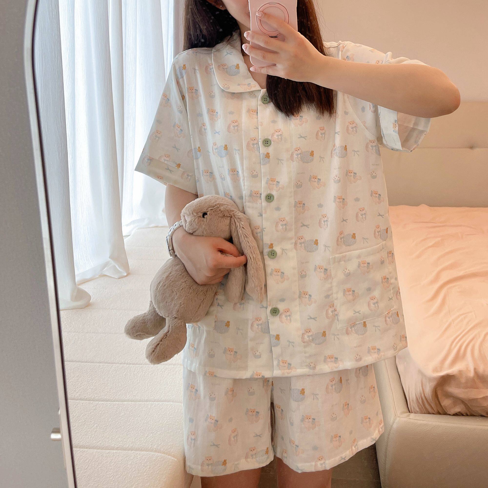 禾昊HohowHome短袖短裤翻领双层纱纯棉套装精梳棉简约睡衣家居服