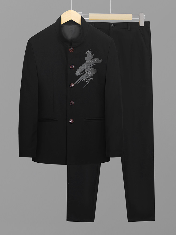 SPRING AND AUTUMN NEW TUNIC SUIT SUIT MENS STAND COLLAR CASUAL PLUS SIZE CHINESE DREAM EMBROIDERY SUIT TWO-PIECE SUIT