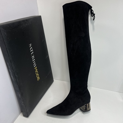 尖头粗跟弹力包腿显瘦长靴