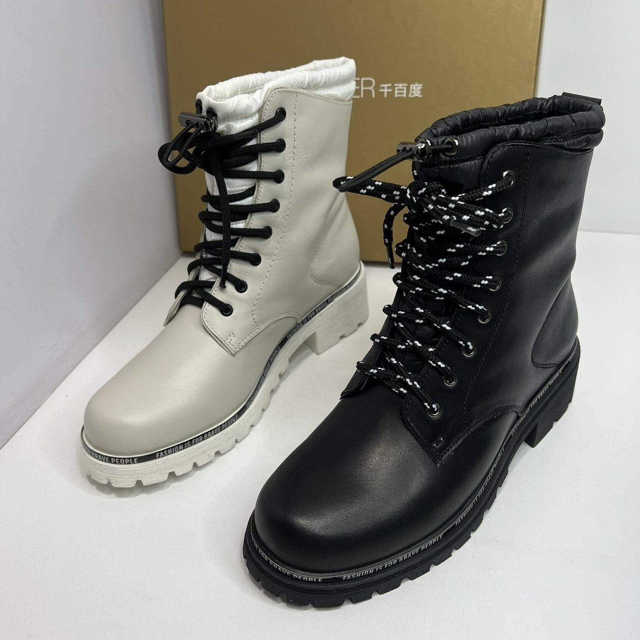 商场品牌断码撤柜真皮女靴秋冬时尚工装靴百搭马丁靴白色时装靴子