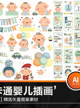 新款婴儿宝宝卡片图标卡贴图案可爱表情头像 eps 矢量插图模板
