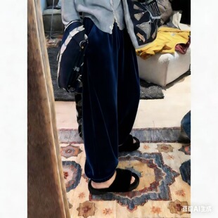 2026暗夜蓝色丝绒裤子超好看冬裤梨形报恩裤宽松加绒加厚束脚长裤