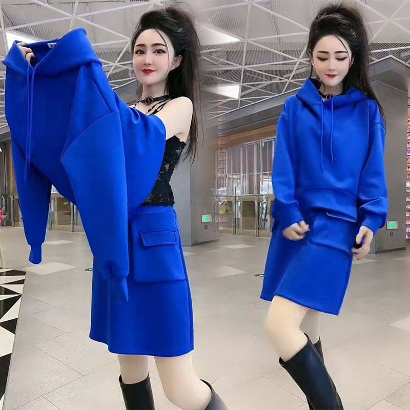 网红爆款时尚套装裙女2025秋季新款减龄纯色连帽显瘦卫衣+卫裙潮