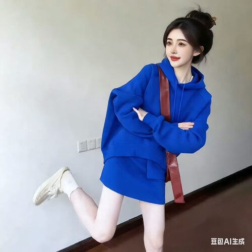 大码爆款时尚套装裙女2026春季新款减龄纯色连帽显瘦卫衣+卫裙潮