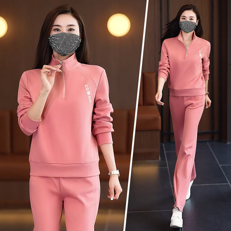 休闲运动套装女春2026新款时尚洋气显瘦翻领长袖长裤跑步服两件套