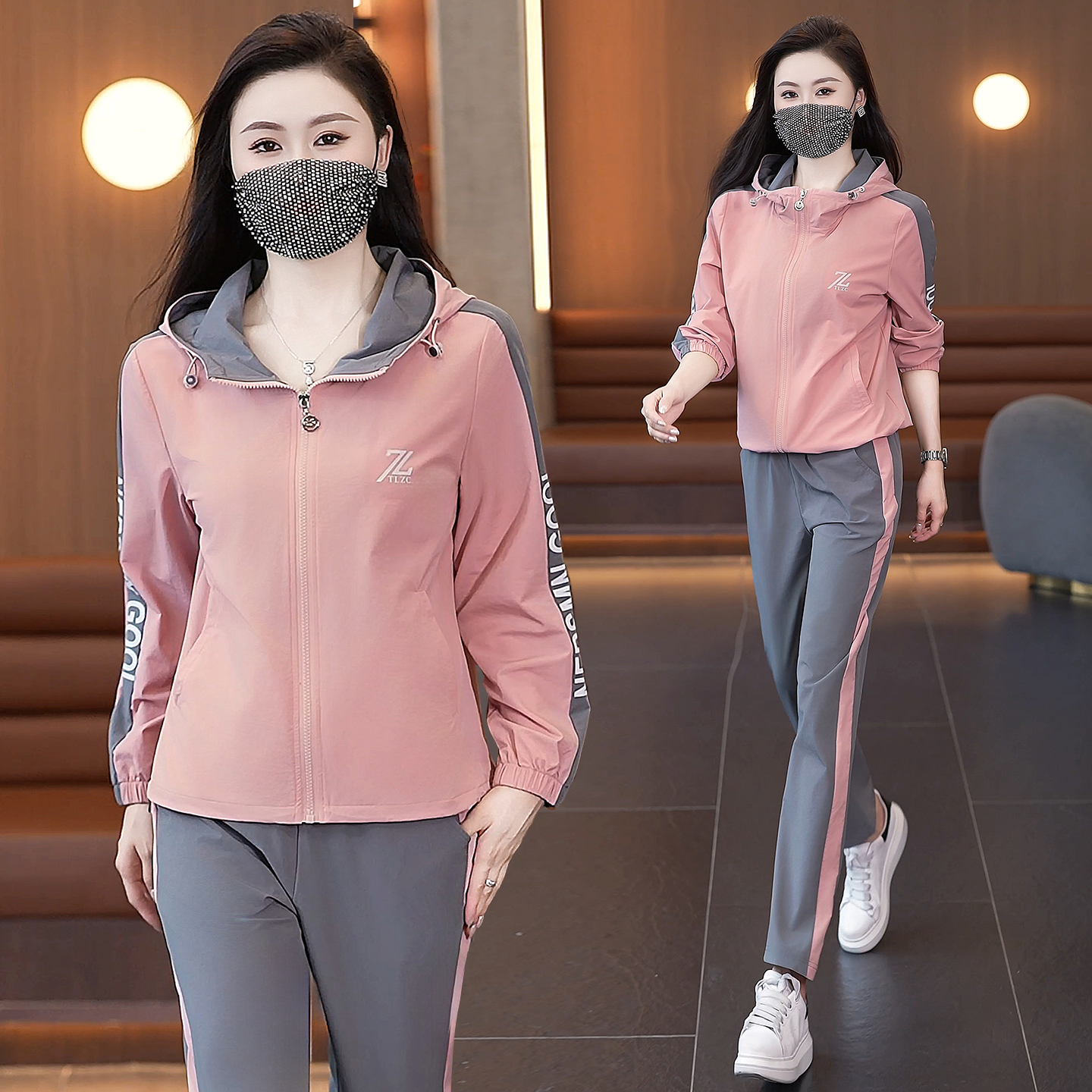 运动套装女2025新款早秋时尚洋气跑步服大码修身连帽薄款休闲整套