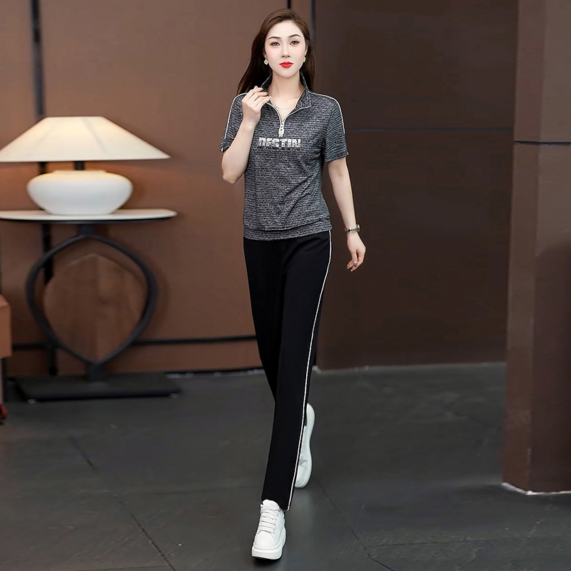 休闲运动套装女夏装2025新款立领洋气短袖时尚舒适宽松显瘦两件套
