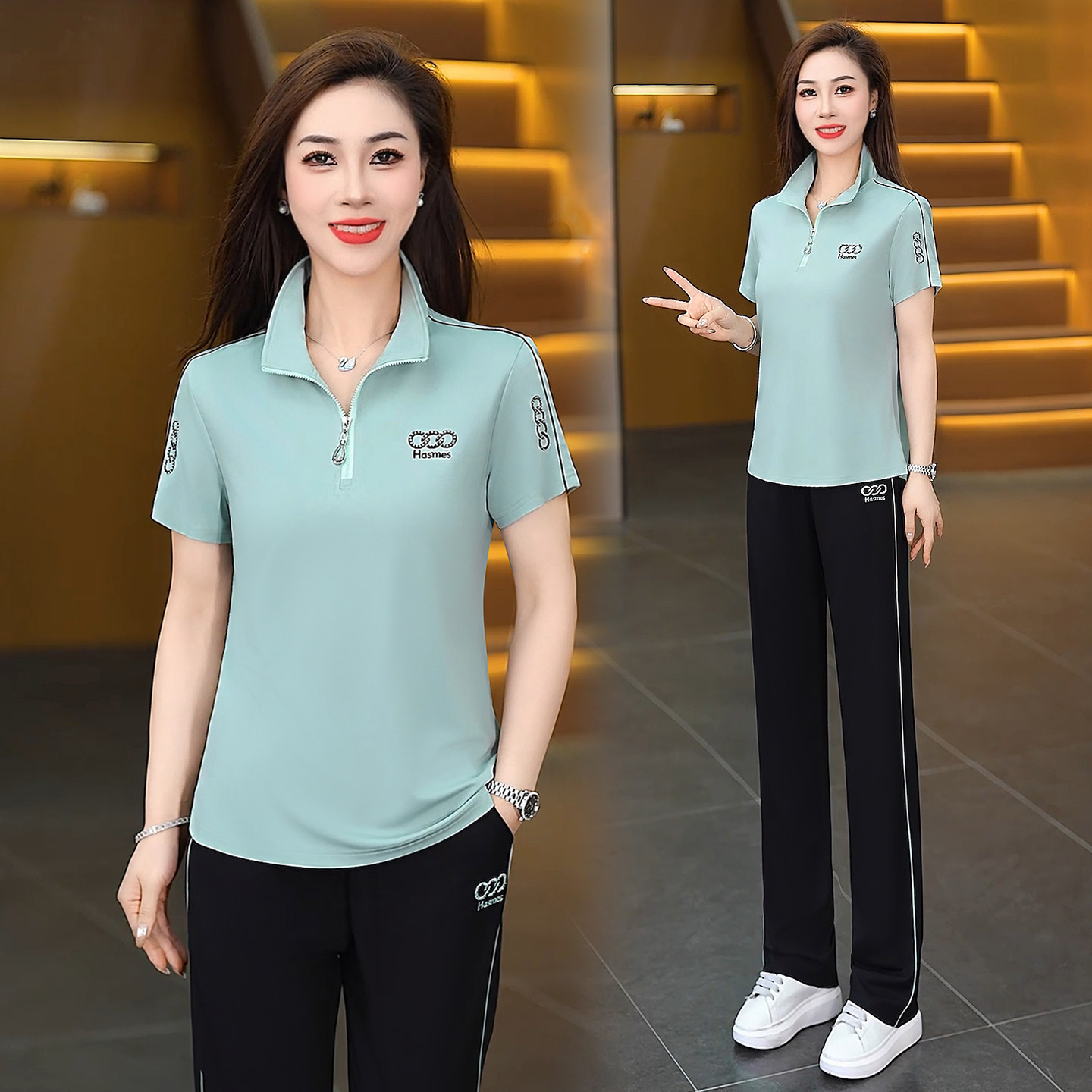 2026新款夏季女士运动套装立领短袖休闲服显瘦气质时尚冰丝两件套