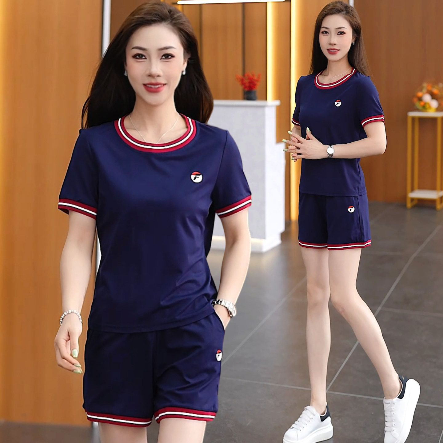 运动套装女夏季新款韩系高级感短袖短裤跑步服两件套2026圆领韩版