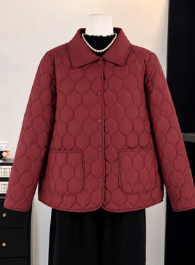 妈妈装冬季翻领轻薄短款棉服酒红