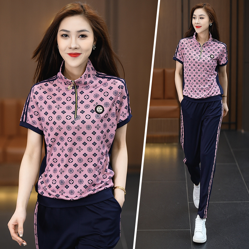 夏季运动套装女冰丝短袖长裤时尚减龄洋气遮肚显瘦休闲卫衣两件套