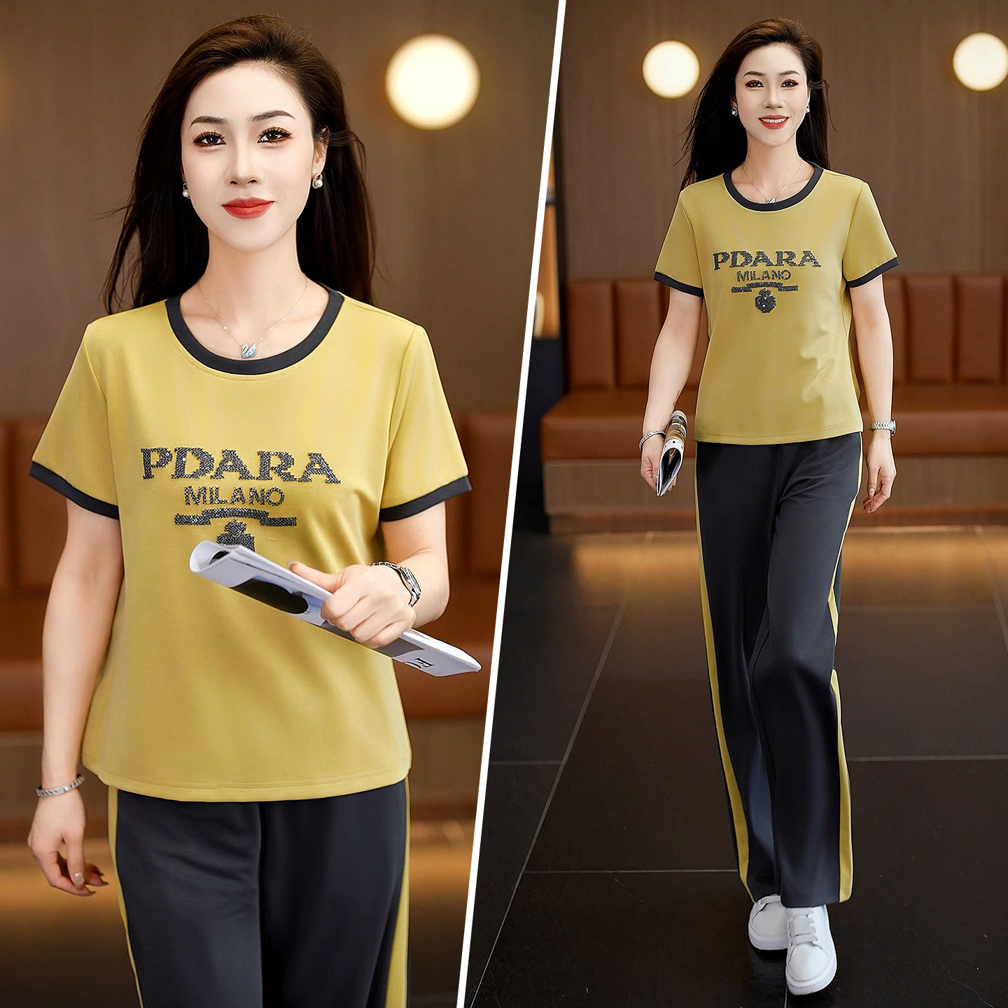 时尚撞色圆领休闲运动套装女2026夏季新款洋气短袖长裤跑步两件套