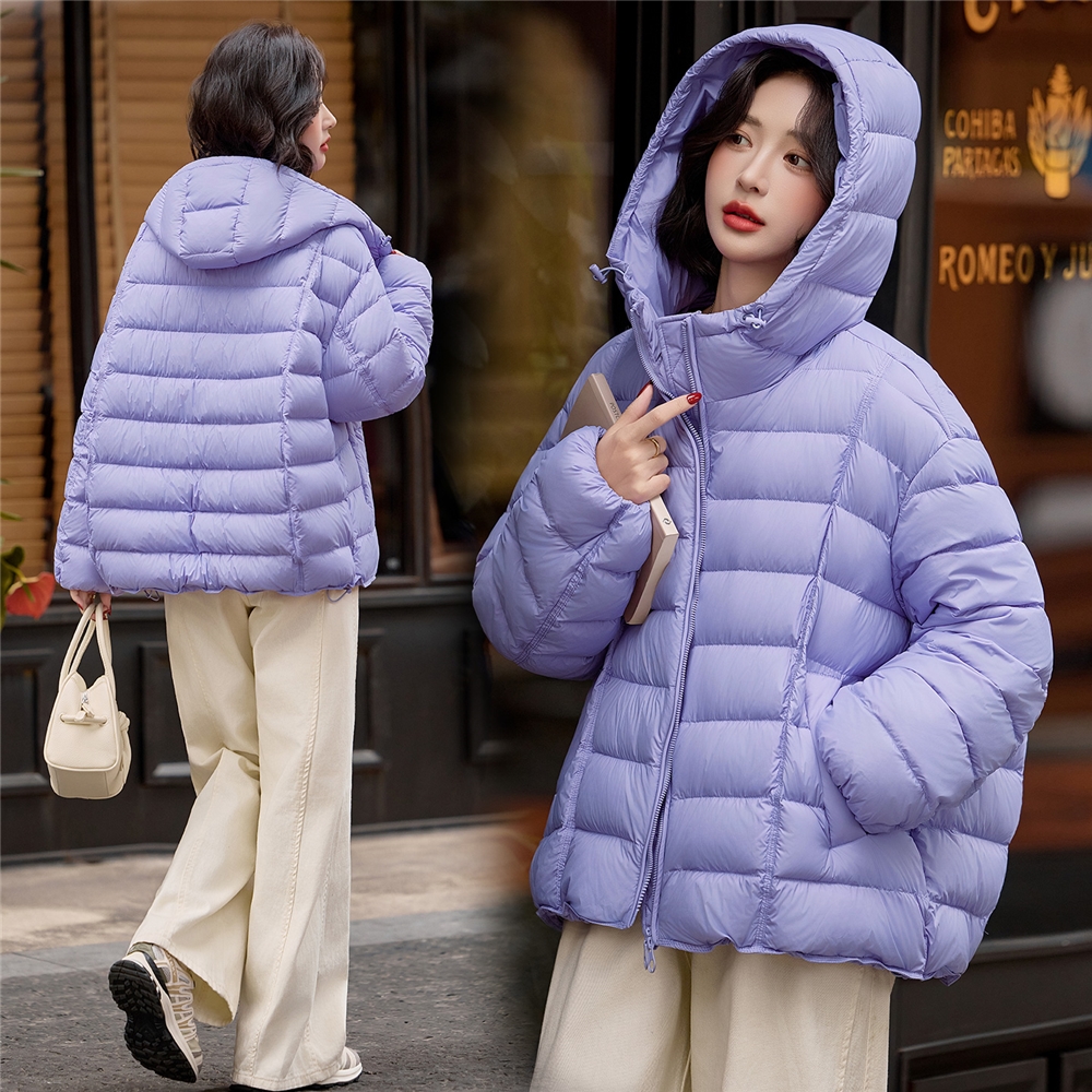 淡紫色泡芙羽绒服女冬季大码宽松连帽排骨绗线90白鸭绒休闲短外套