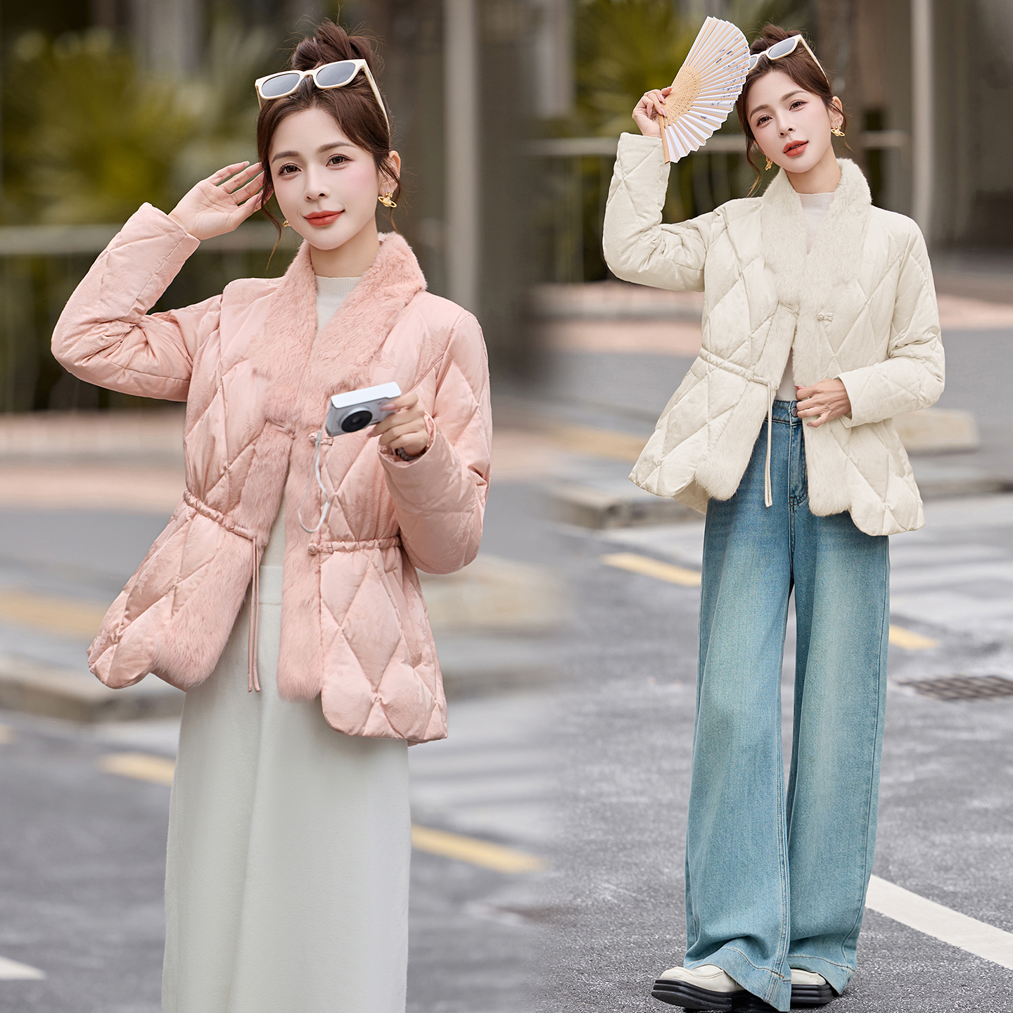 新中式国风收腰菱格轻薄羽绒服女2025冬季新时尚兔毛领白鸭绒外套