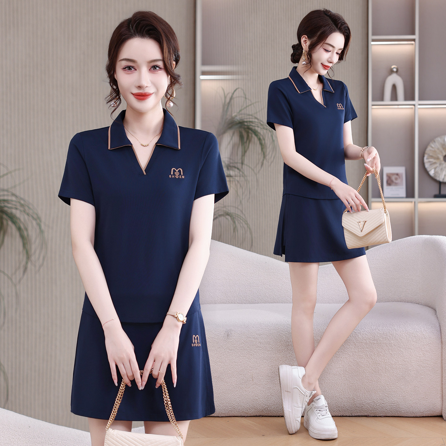 夏季女翻领短袖短裙显瘦运动套装图片