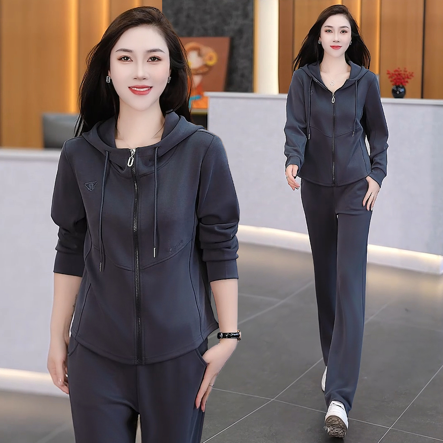 时尚运动套装女士2025春秋新款长袖连帽卫衣气质休闲跑步服两件套