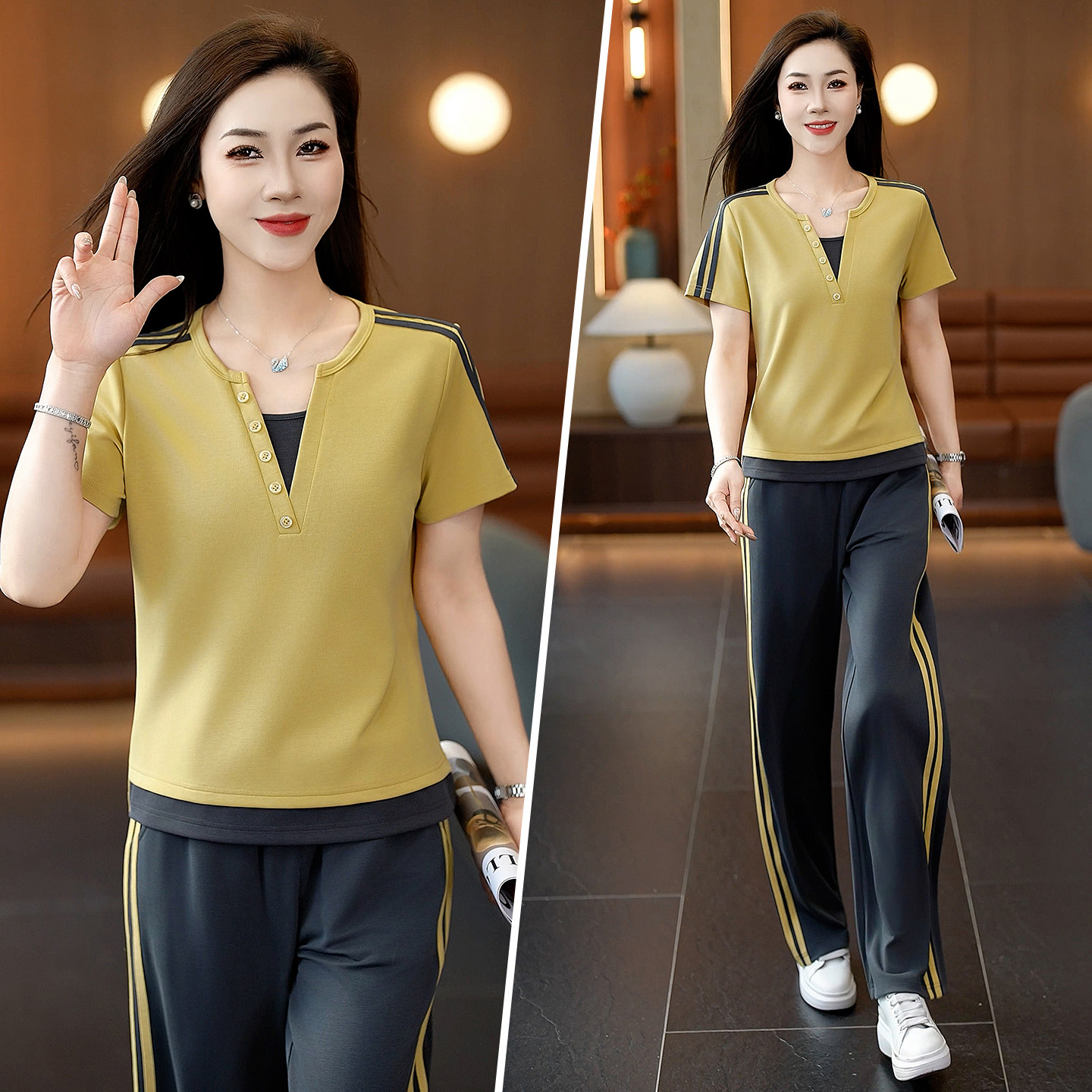 时尚休闲运动套装女夏季假两件短袖显瘦阔腿裤宽松跑步冰丝两件套