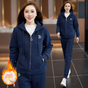 妈妈装加绒休闲套装女冬季新款时尚连帽外套加厚裤子运动服两件套