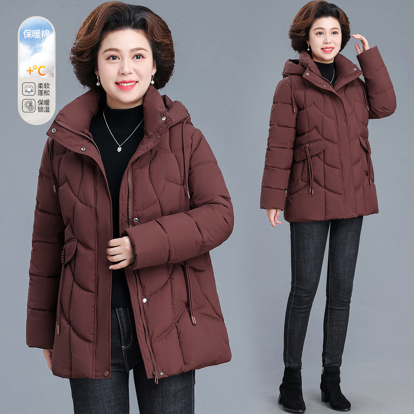 中老年妈妈装连帽棉服