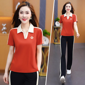 时尚 2024新款 宽松中年女士跑步服两件套 女夏季 POLO领休闲运动套装