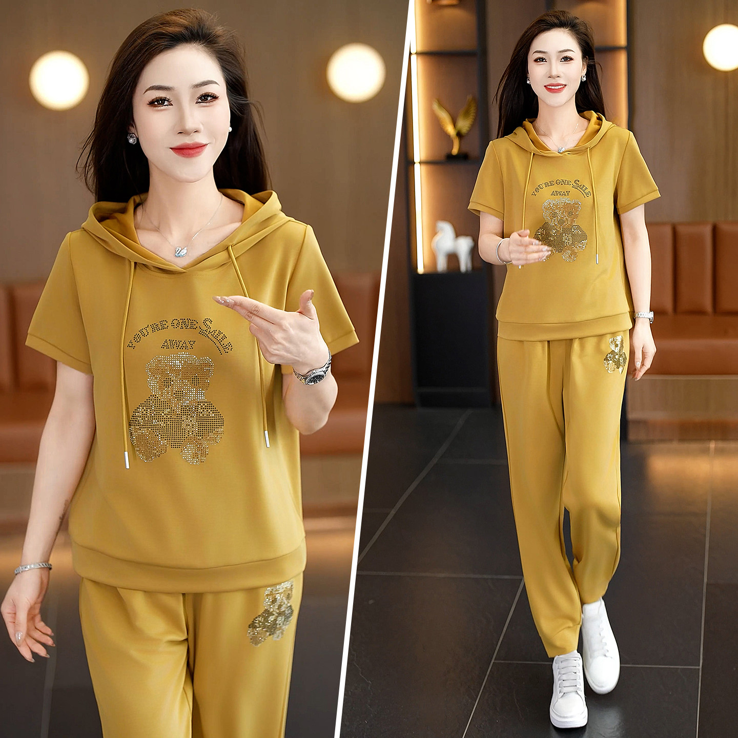 时尚休闲运动套装女夏季2026新款宽松连帽短袖长裤洋气卫衣两件套