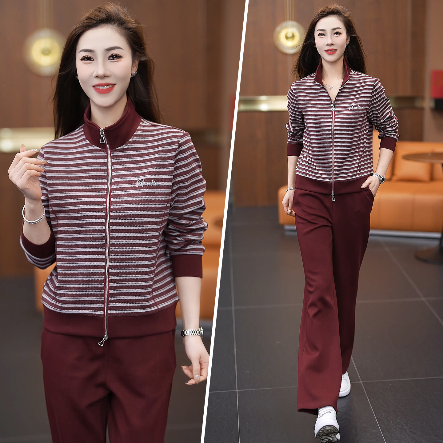 休闲运动套装女春秋2026新款时尚显瘦条纹连帽长裤立领卫衣两件套