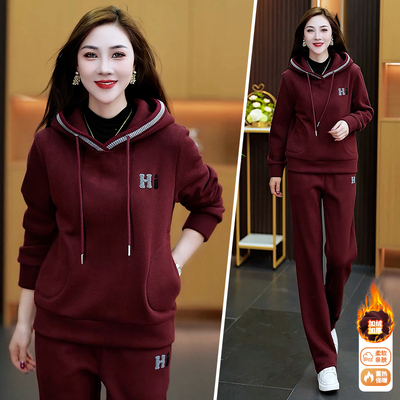 秋冬季仿羊绒连帽卫衣运动套装女