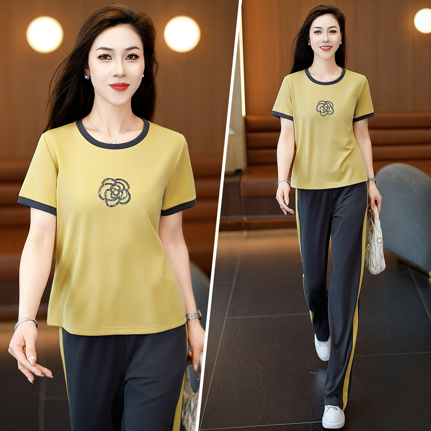 夏季冰丝运动套装女2026新款时尚圆领短袖长裤显瘦休闲跑步两件套