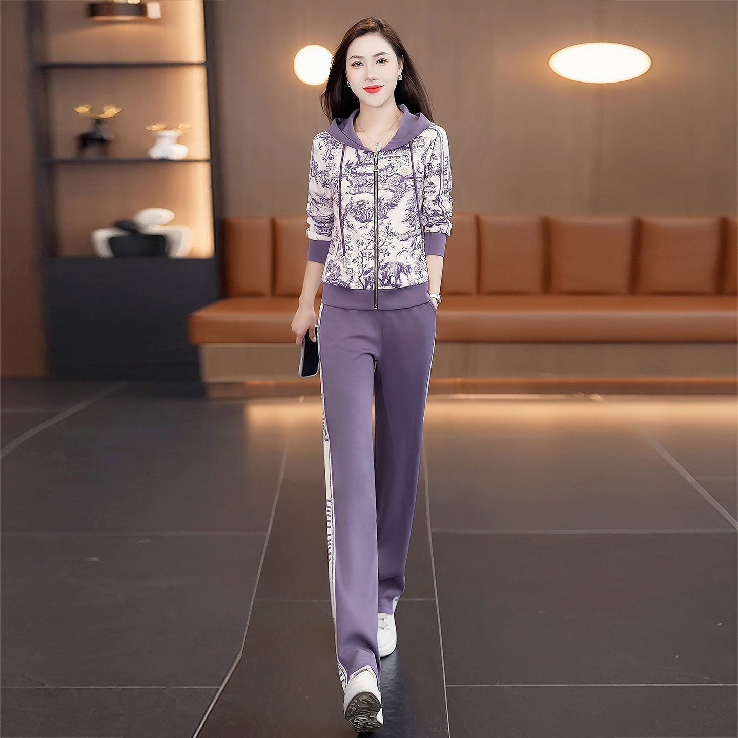 2025年休闲运动套装女春秋新款时尚宽松开衫跑步服连帽卫衣两件套