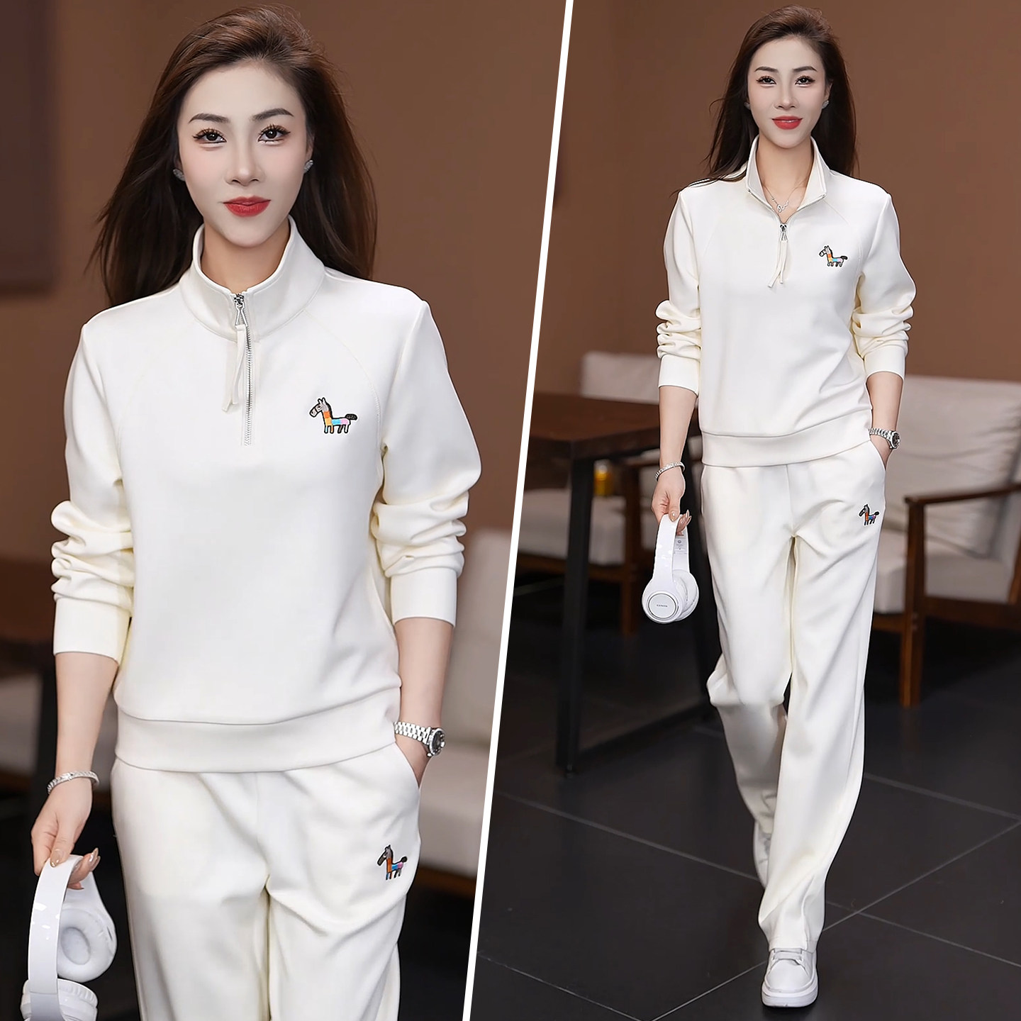休闲运动套装女春秋2026新款刺绣半拉链套头立领跑步卫衣两件套潮