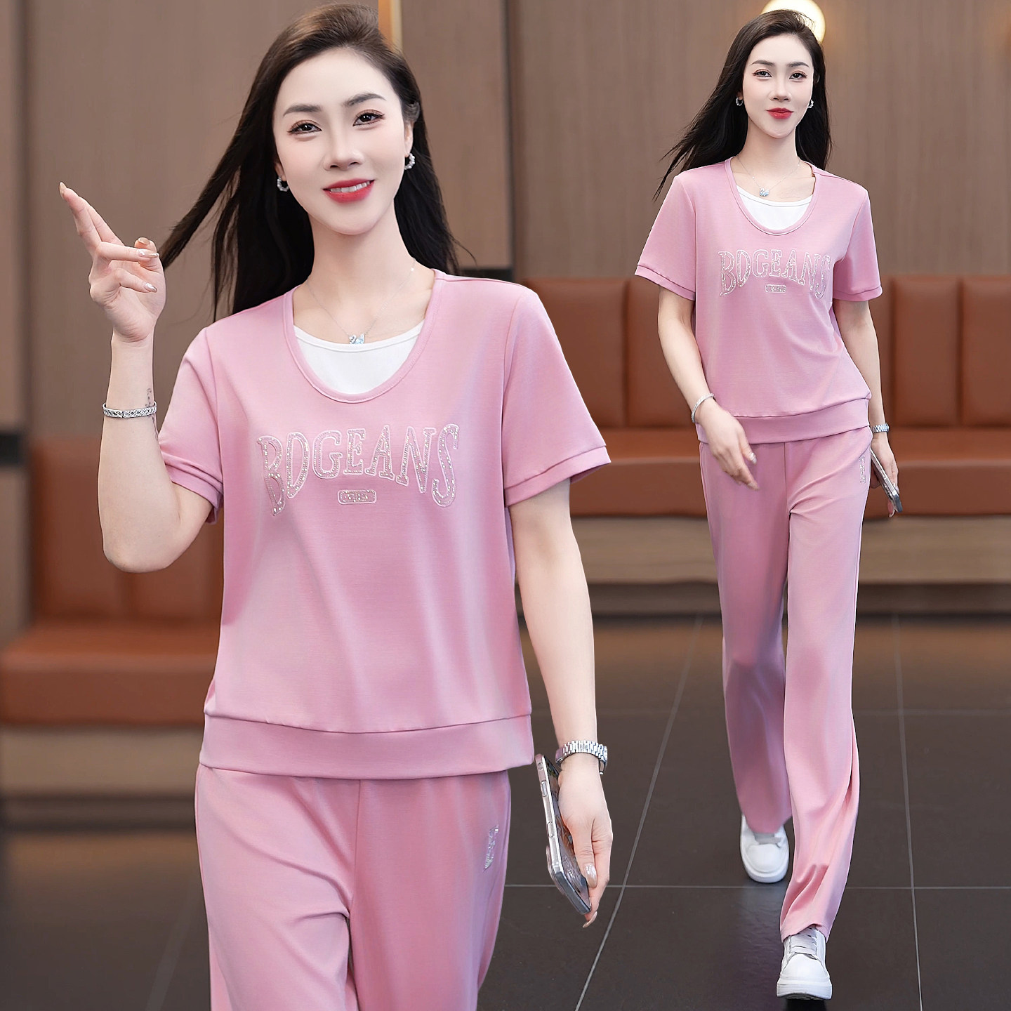 假两件运动套装女2026夏新款圆领短袖长裤显瘦时尚洋气冰丝跑步服