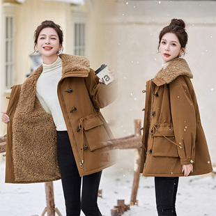 2025冬装 羊羔毛领牛角扣加绒加厚派克服女收腰显瘦超好看外套 新款
