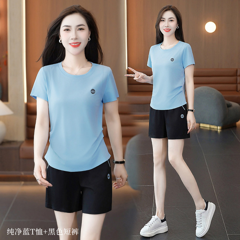 休闲运动套装女2026夏季新款时尚短袖短裤显瘦圆领薄款跑步两件套