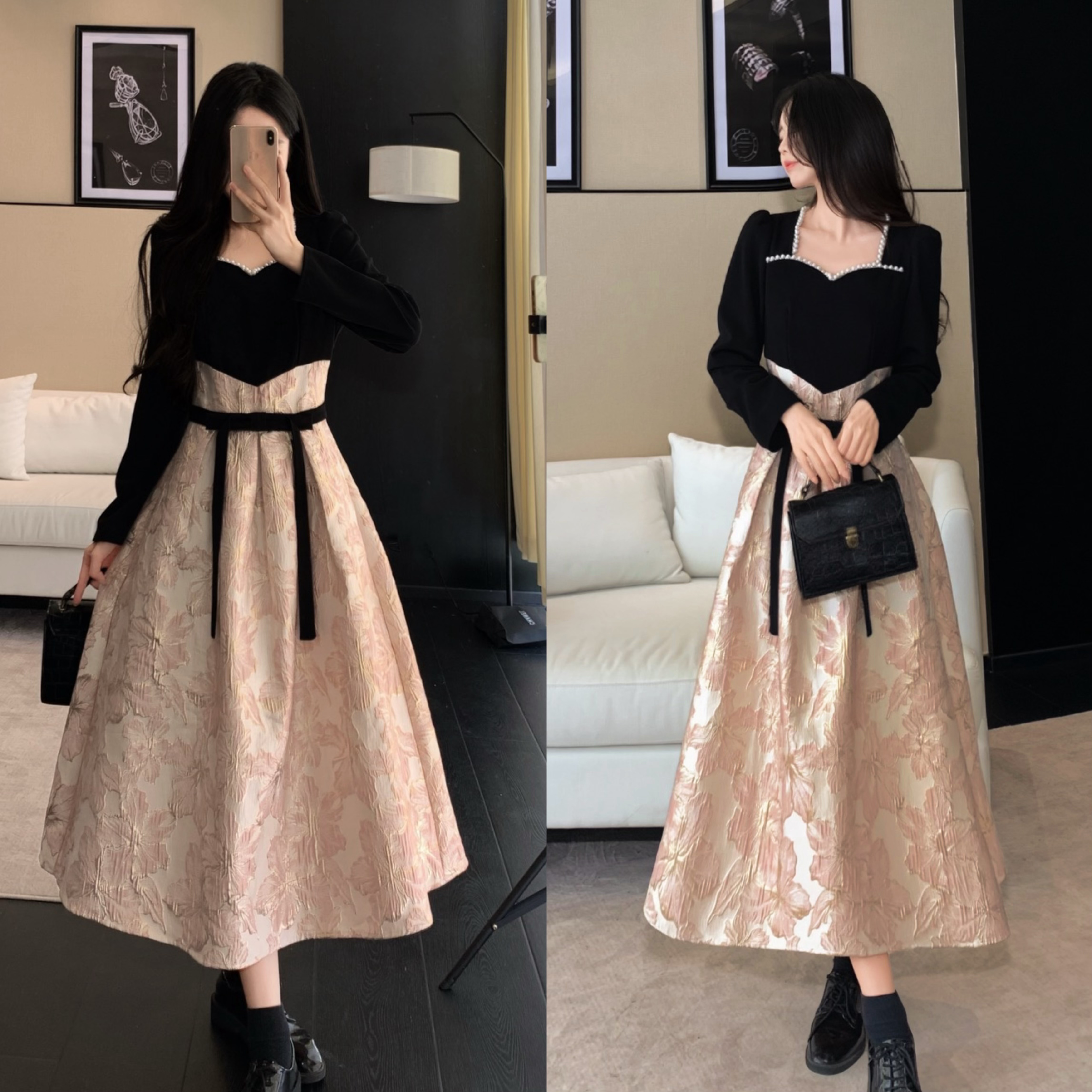 大码高级设计感提花连衣裙女秋冬胖mm收腰显瘦气质黑色晚礼服长裙