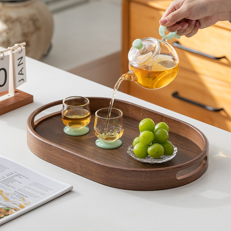 简约胡桃色木质木舟款椭圆形提手点心盘下午茶杯干泡茶盘2025新款