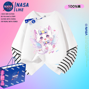 NASA天使小猫咪女童长袖t恤假两件秋季薄款上衣儿童白色打底衫潮