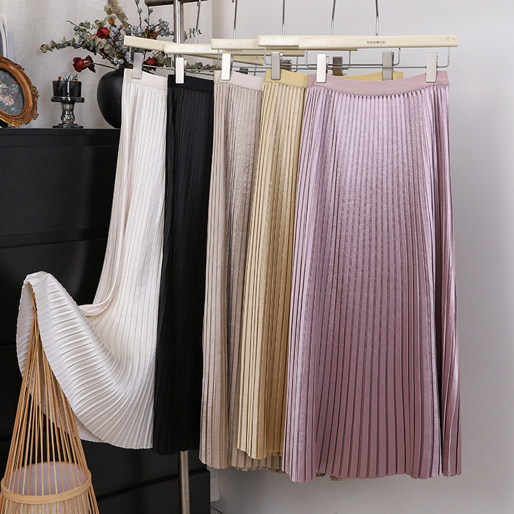 缎面风琴百褶裙女2026春夏新款a字大摆裙高腰显瘦光泽中长半身裙