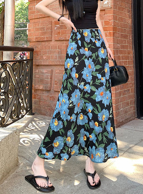 法式轻熟风蓝色碎花裙女2025年夏新款a字高腰中长包臀鱼尾半身裙