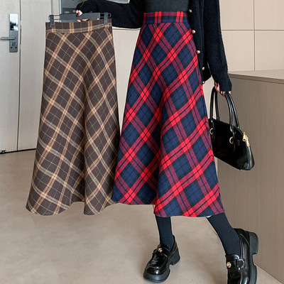 复古韩版加厚毛呢格纹a字半身裙