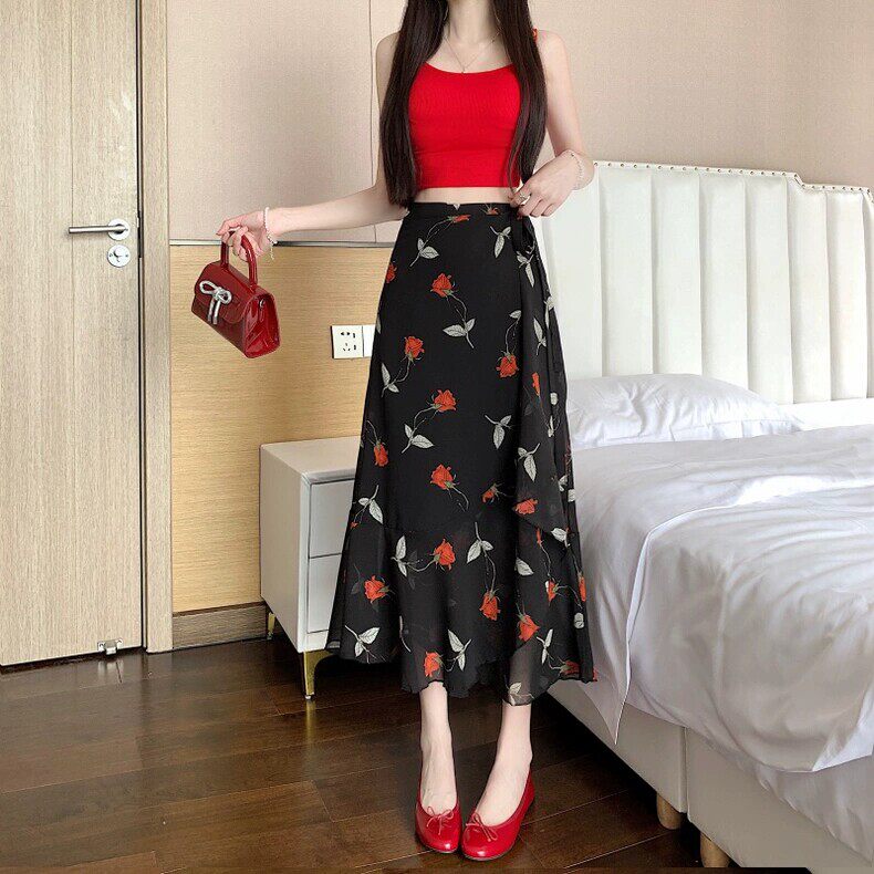 小个子一片式系带雪纺碎花半身裙2026夏新款a字荷叶边不规则裏裙