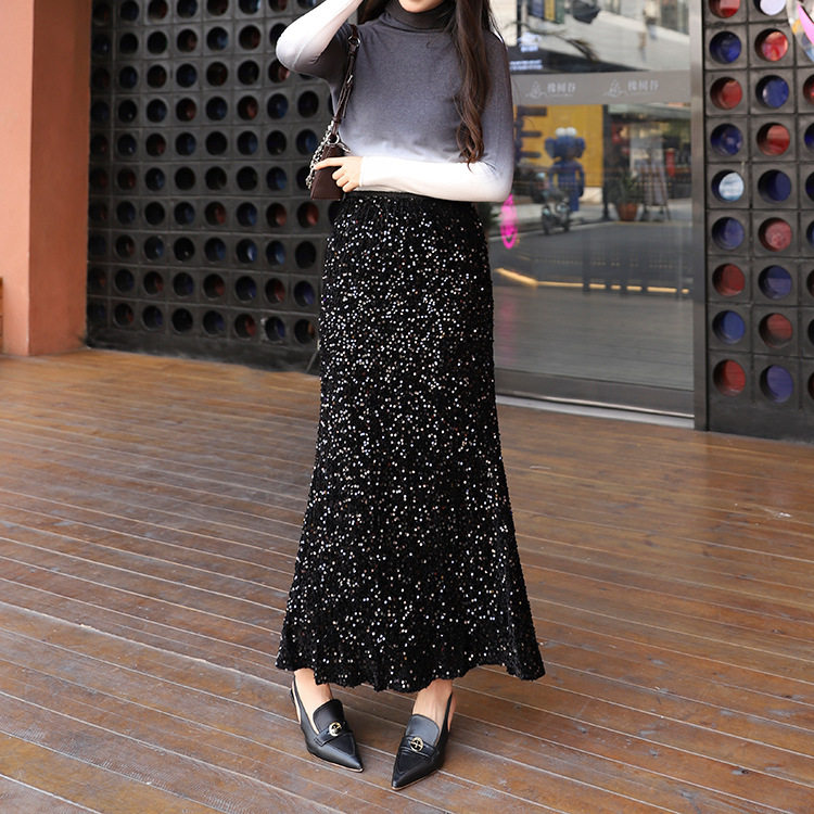 高级感轻奢亮片鱼尾裙女2025秋冬金丝绒亮闪闪松紧高腰中长半身裙