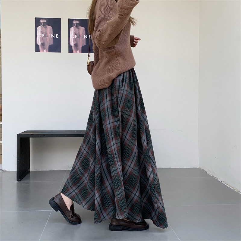 美拉德不规则毛呢格子半身裙女2025秋冬新款复古中长a字大摆伞裙