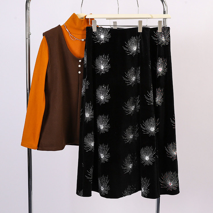 高级感复古亮片花朵丝绒A字裙女2025秋冬新款加绒加厚中长半身裙