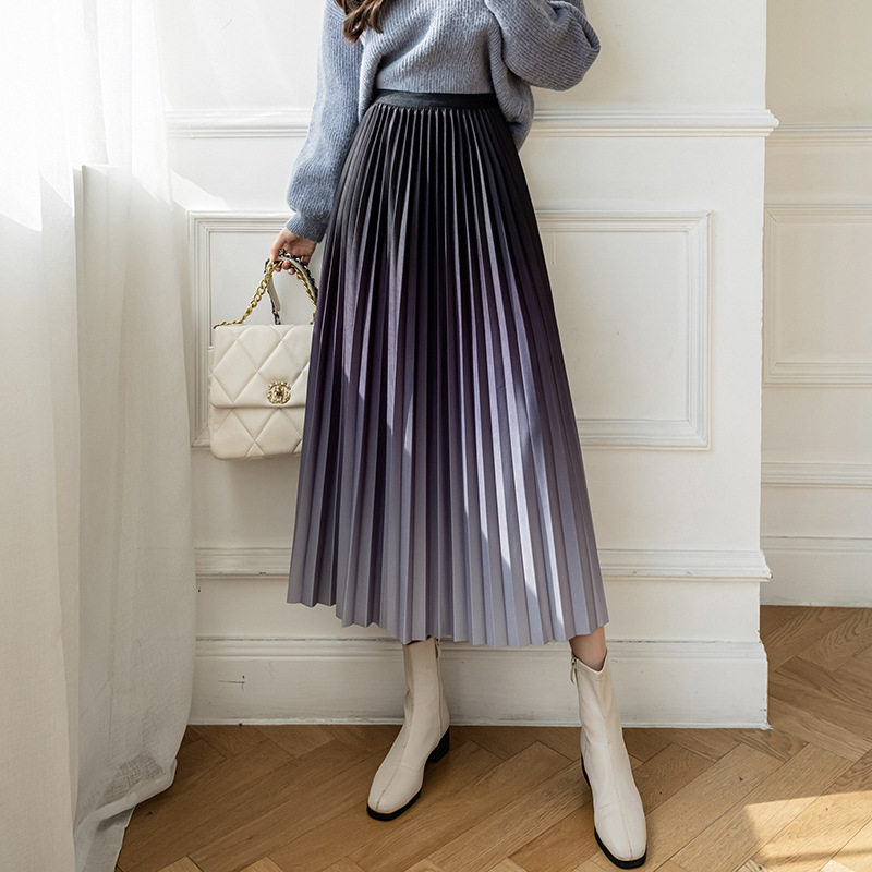 高级感渐变色百褶裙女2025春季新款a字伞裙显瘦中长款大摆半身裙